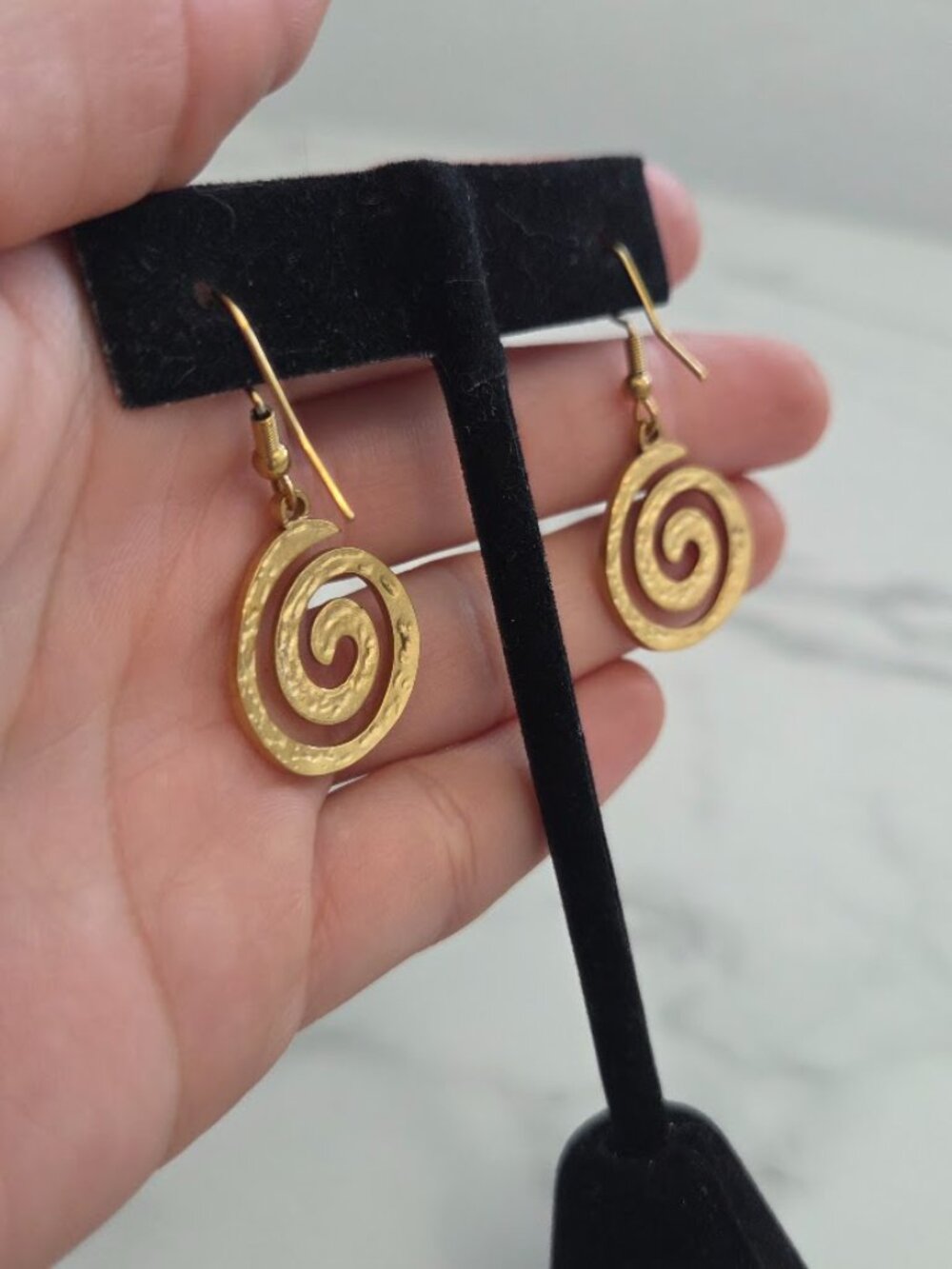 Gold Spiral Dangle Earrings Swirl Drop Boho Minimalist Jewelry - Picture 8 of 9